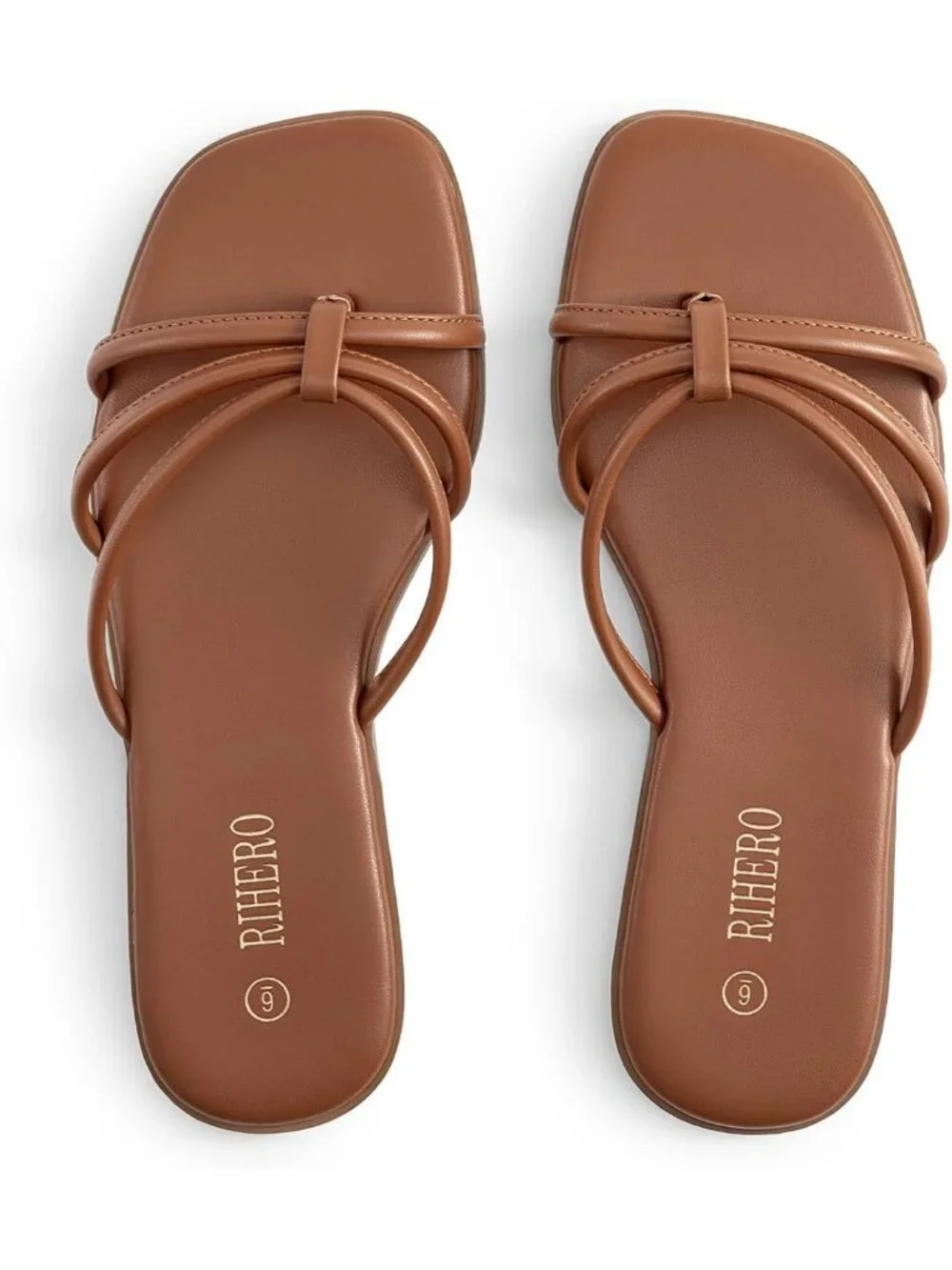 Women's Brown Summer Comfortable Slip On Square Toe Flat Sandals For Beach